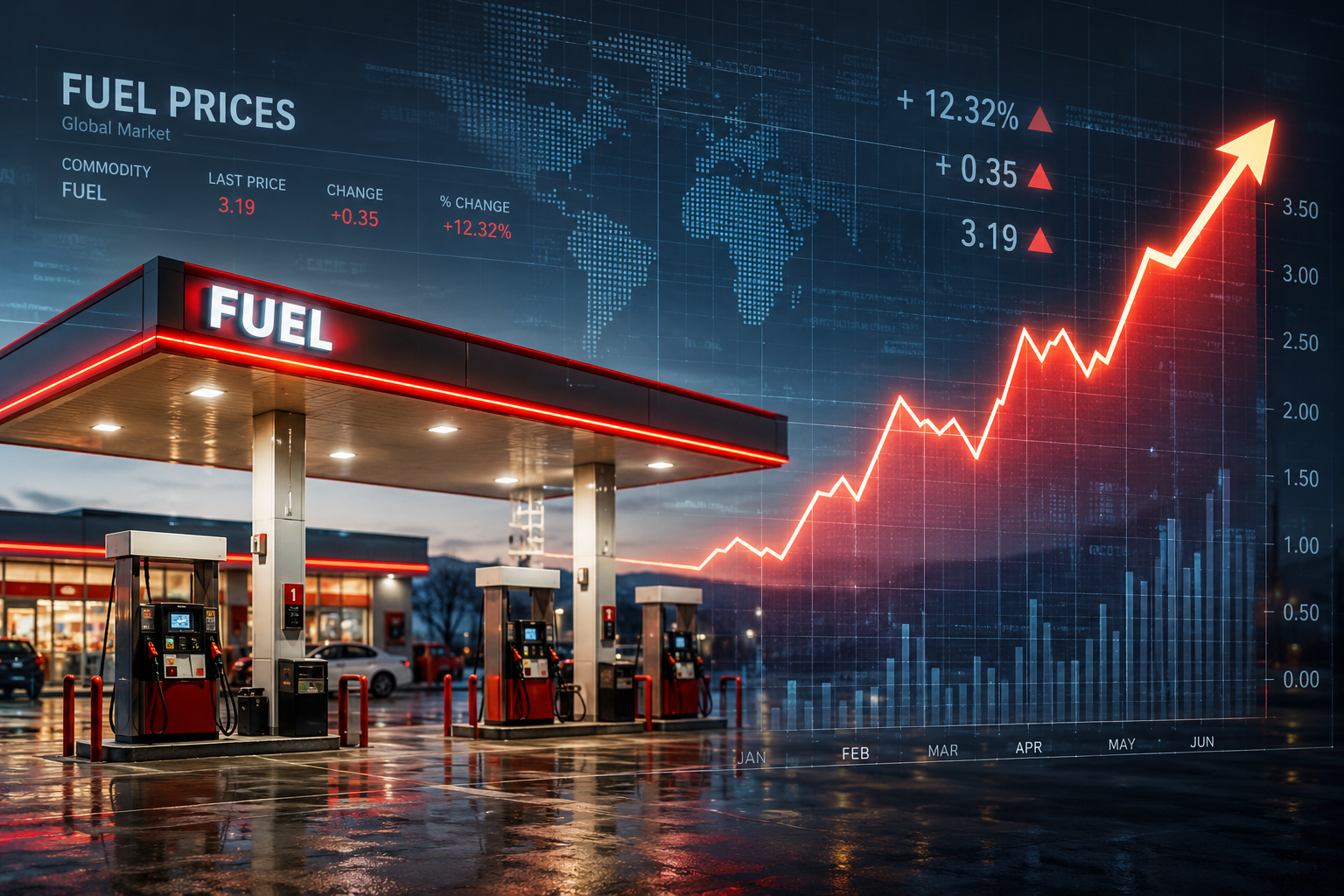 Modern petrol station forecourt with fuel dispensers at dusk